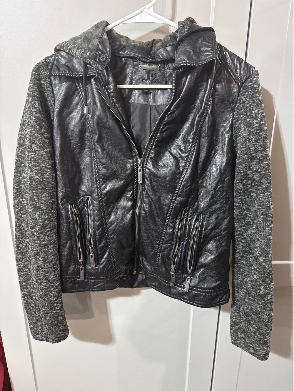 J2 Faux Leather & Knit Hoodie Jacket - Size L, Street Style